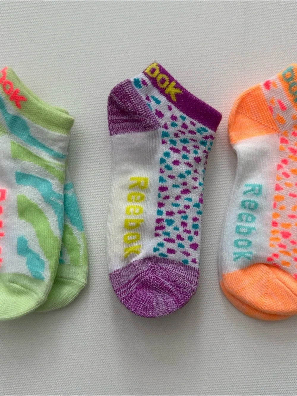 Reebok Color Pop Ankle Socks - White with Green, Purple & Orange Accents